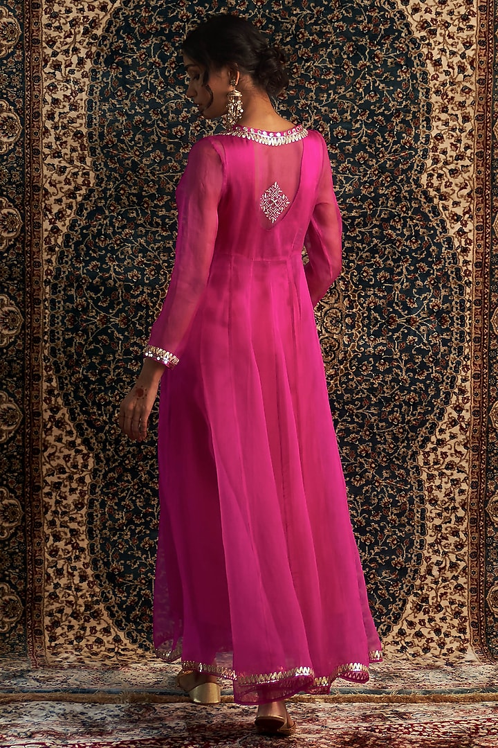 Rani Pink Organza Hand Embroidered Sheer Choga Kurta Set by Charkhee at Pernia's Pop Up Shop