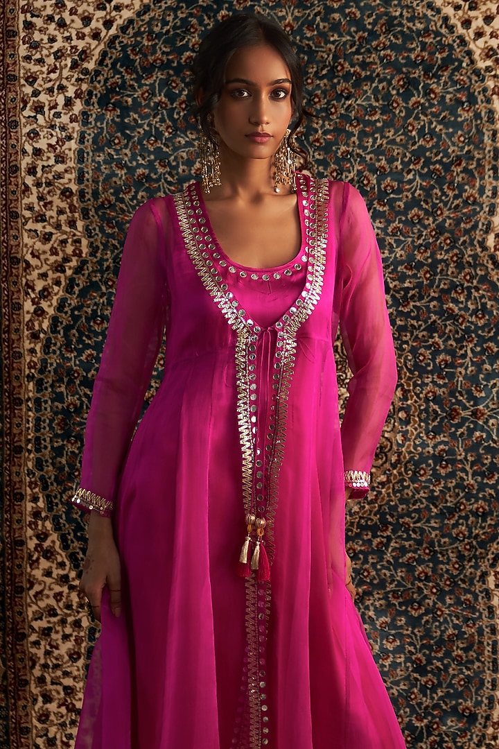 Rani Pink Organza Hand Embroidered Sheer Choga Kurta Set by Charkhee at Pernia's Pop Up Shop