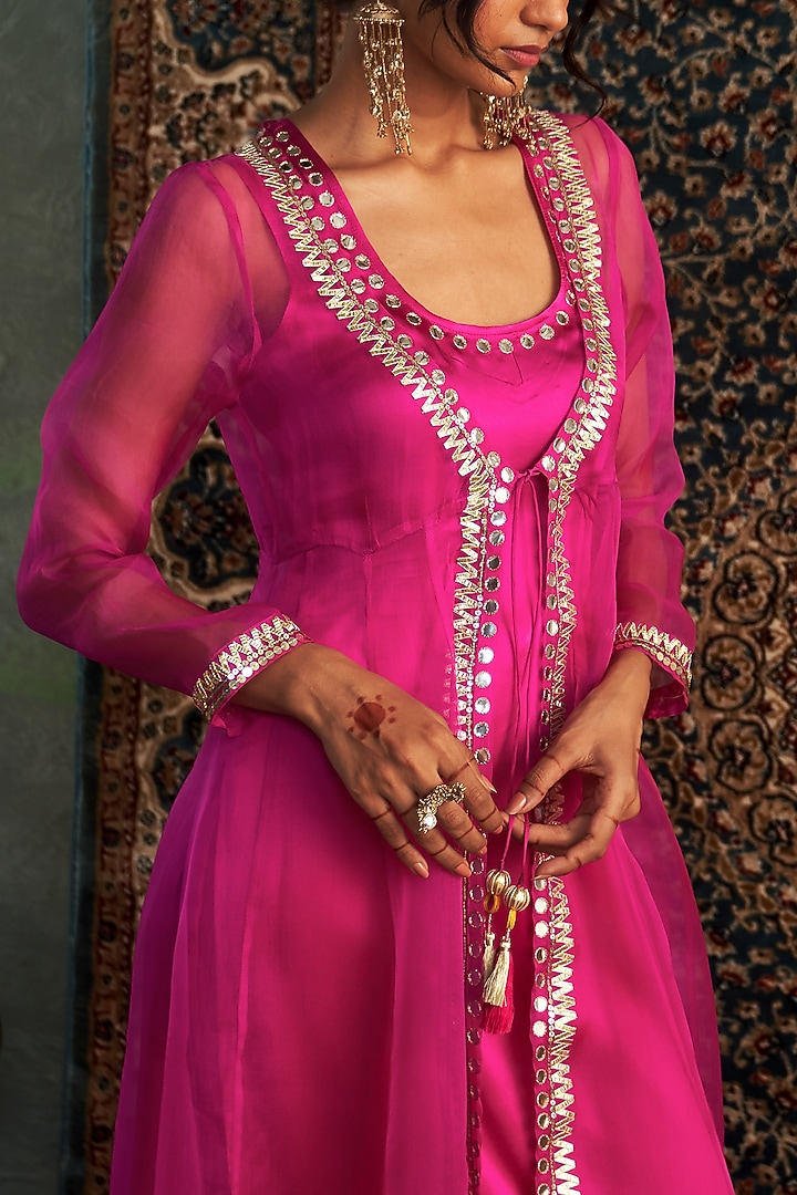 Rani Pink Organza Hand Embroidered Sheer Choga Kurta Set by Charkhee at Pernia's Pop Up Shop