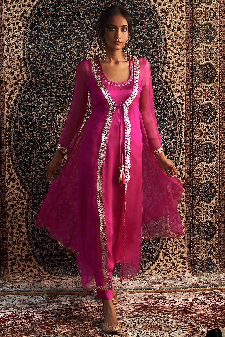 Rani Pink Organza Hand Embroidered Sheer Choga Kurta Set by Charkhee at Pernia's Pop Up Shop