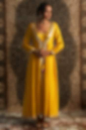 Marigold Yellow Organza Hand Embroidered Sheer Choga Kurta Set by Charkhee