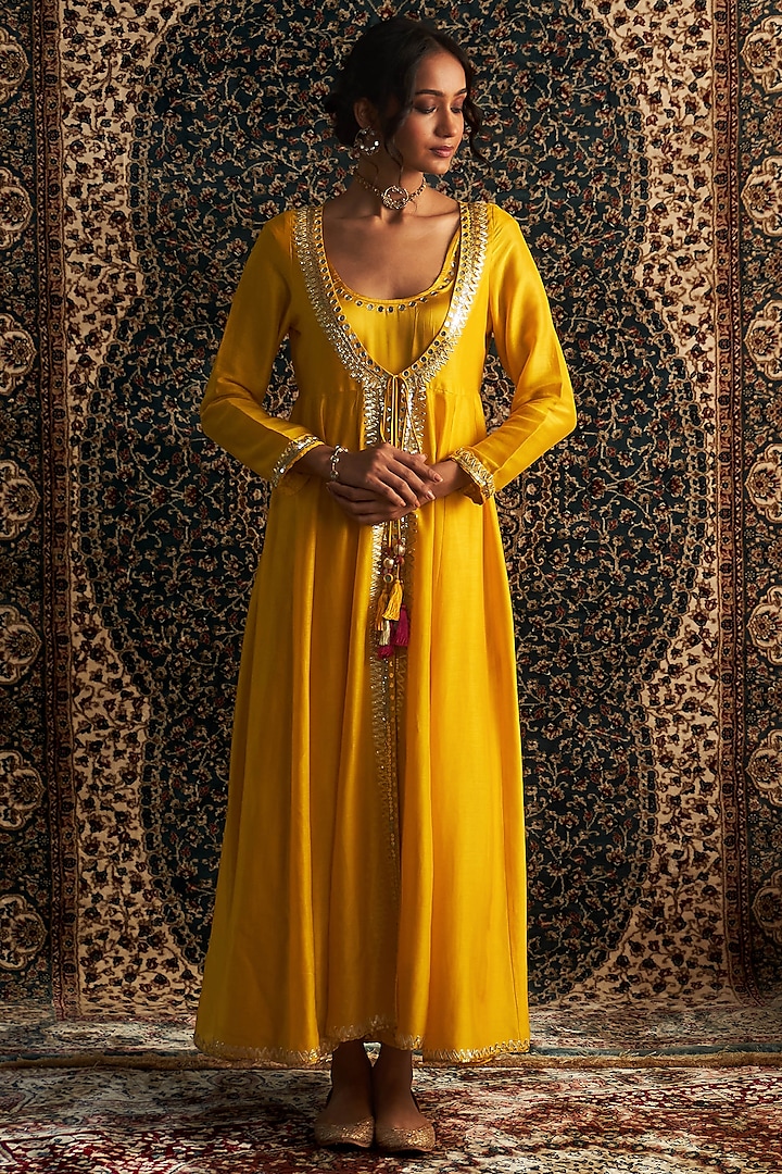 Marigold Yellow Organza Hand Embroidered Sheer Choga Kurta Set by Charkhee