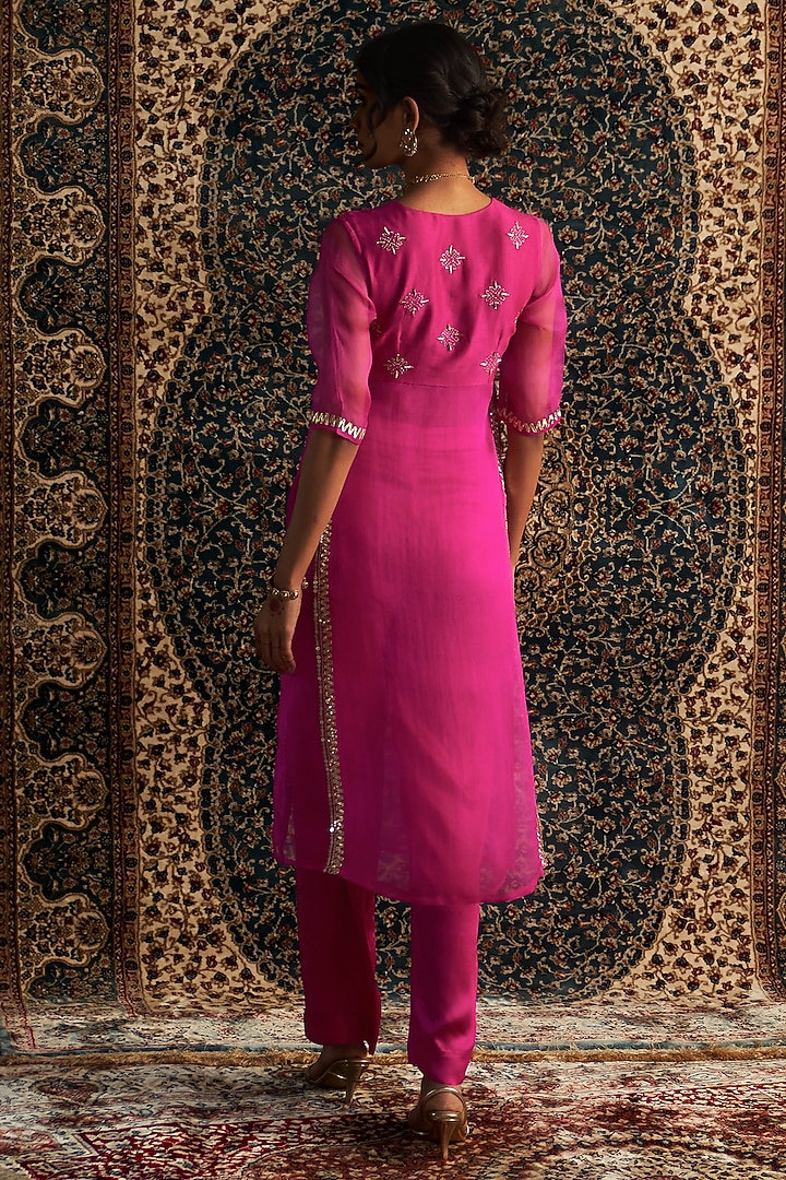 Rani Pink Organza Gota & Mirror Embellished Kurta Set by Charkhee at Pernia's Pop Up Shop