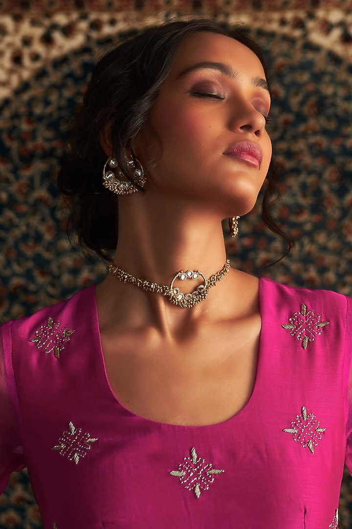 Rani Pink Organza Gota & Mirror Embellished Kurta Set by Charkhee at Pernia's Pop Up Shop