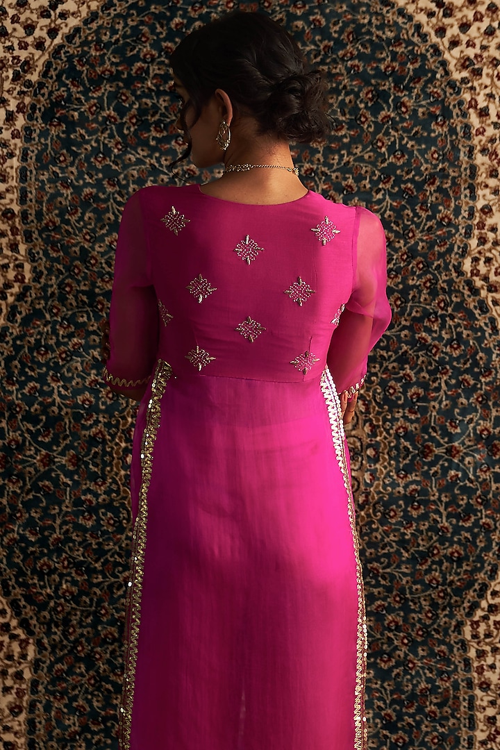Rani Pink Organza Gota & Mirror Embellished Kurta Set by Charkhee at Pernia's Pop Up Shop