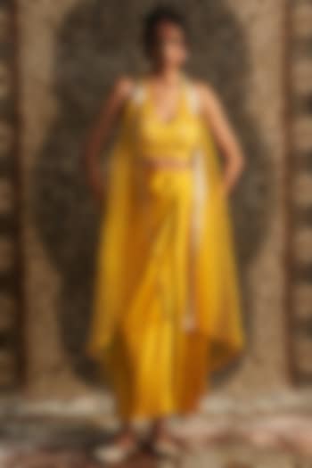 Marigold Yellow Modal Satin Draped Skirt Set by Charkhee