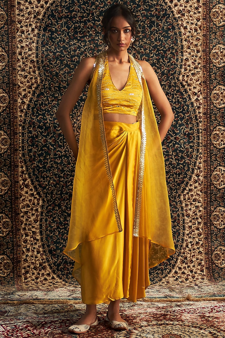 Marigold Yellow Modal Satin Draped Skirt Set by Charkhee