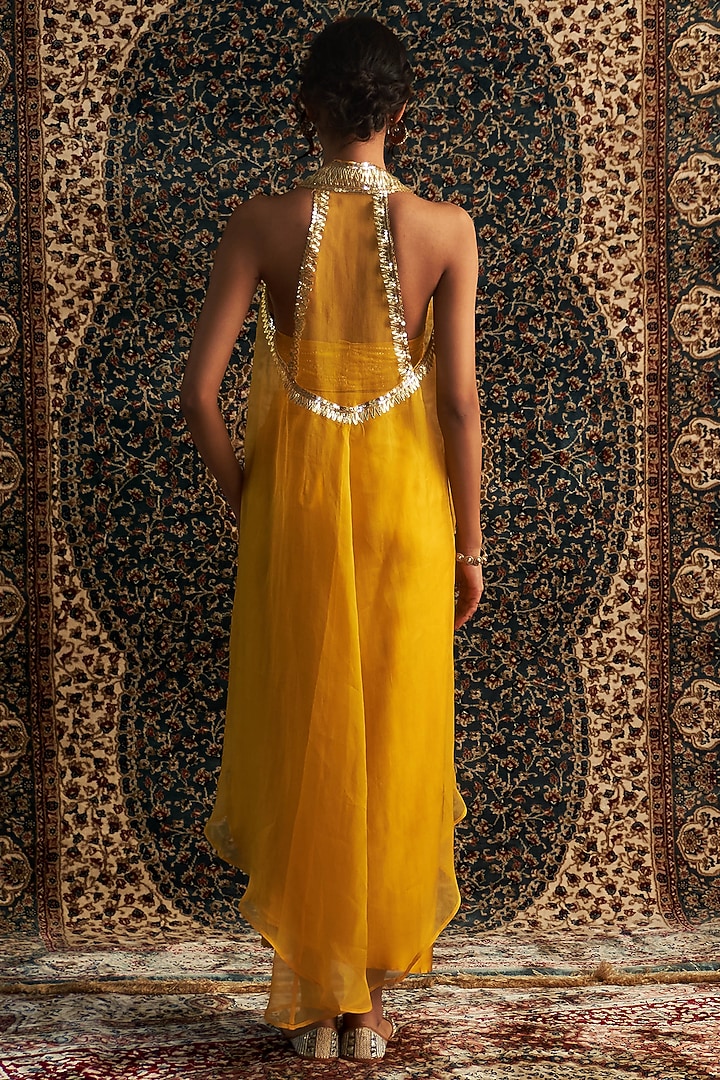 Marigold Yellow Modal Satin Draped Skirt Set by Charkhee at Pernia's Pop Up Shop