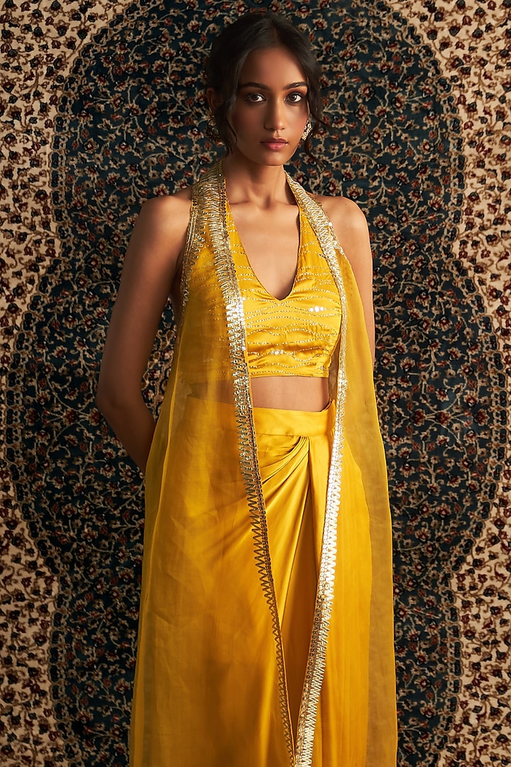 Marigold Yellow Modal Satin Draped Skirt Set by Charkhee at Pernia's Pop Up Shop