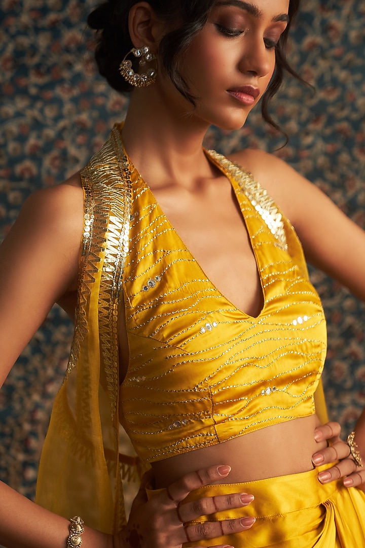 Marigold Yellow Modal Satin Draped Skirt Set by Charkhee at Pernia's Pop Up Shop