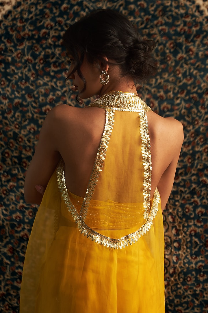 Marigold Yellow Modal Satin Draped Skirt Set by Charkhee at Pernia's Pop Up Shop