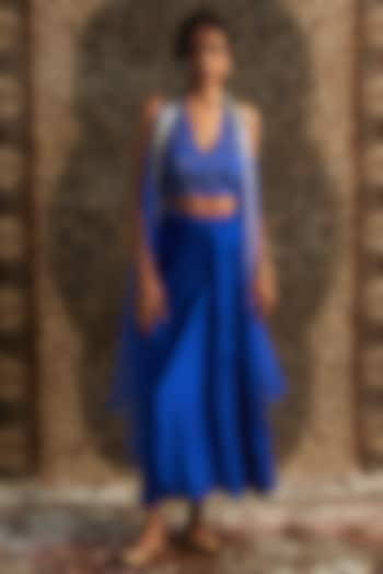 Blue Modal Satin Draped Skirt Set by Charkhee