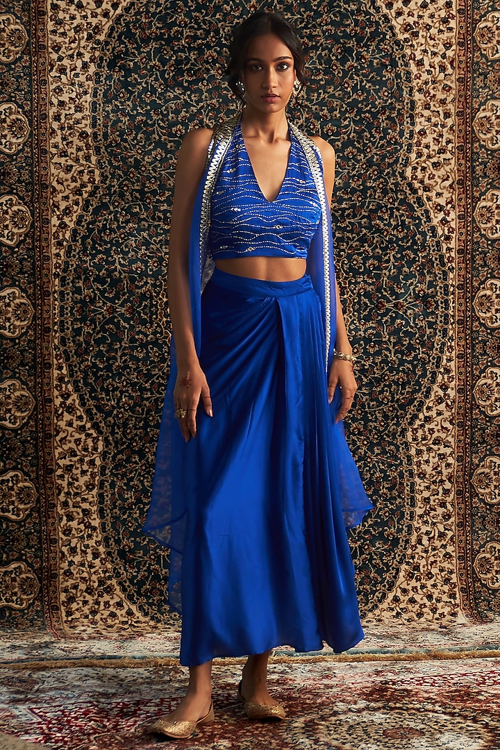 Blue Modal Satin Draped Skirt Set by Charkhee