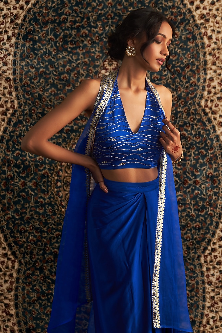 Blue Modal Satin Draped Skirt Set by Charkhee at Pernia's Pop Up Shop