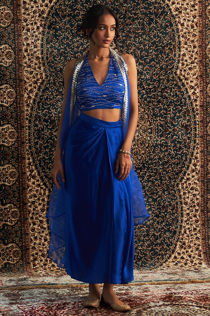 Blue Modal Satin Draped Skirt Set by Charkhee at Pernia's Pop Up Shop