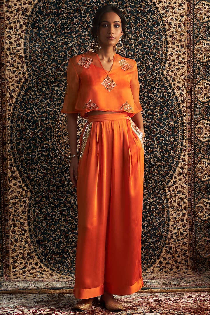 Saffron Organza & Modal Satin Embroidered Co-Ord Set by Charkhee at Pernia's Pop Up Shop