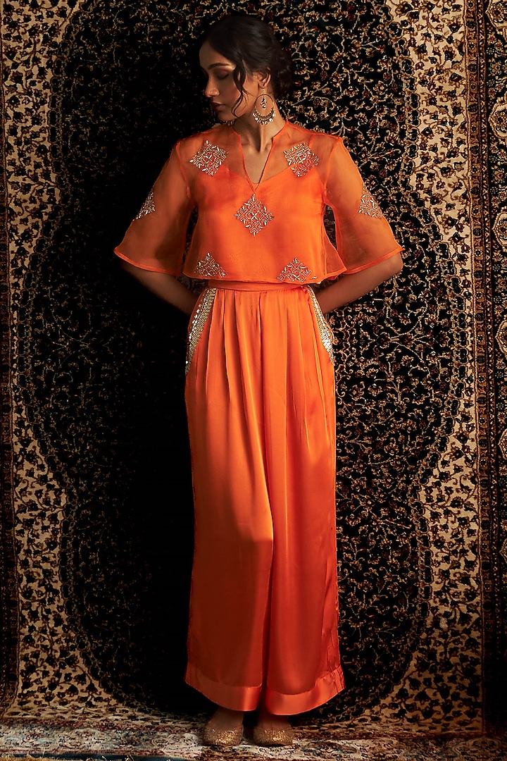 Saffron Organza & Modal Satin Embroidered Co-Ord Set by Charkhee at Pernia's Pop Up Shop