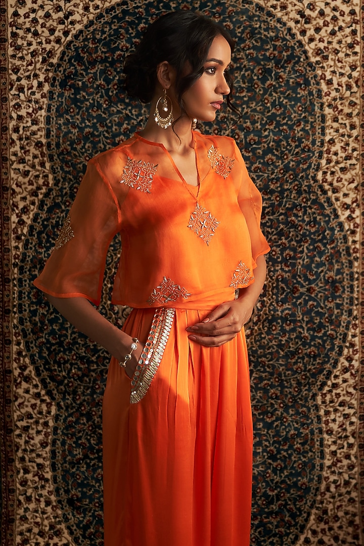 Saffron Organza & Modal Satin Embroidered Co-Ord Set by Charkhee at Pernia's Pop Up Shop