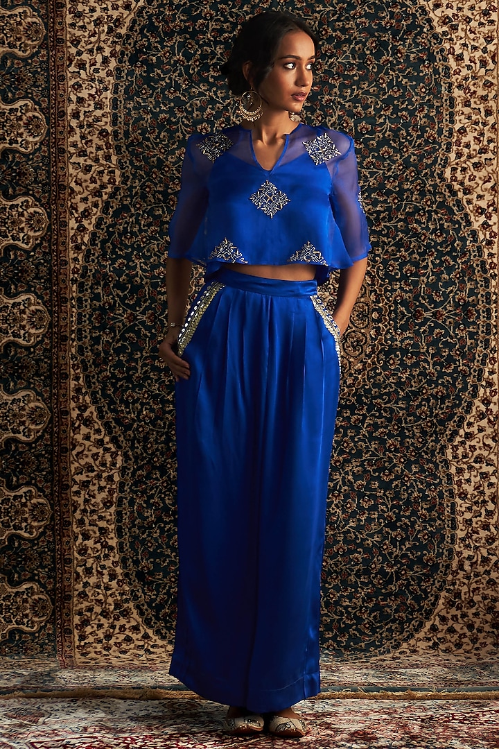 Blue Organza & Modal Satin Embroidered Co-Ord Set by Charkhee