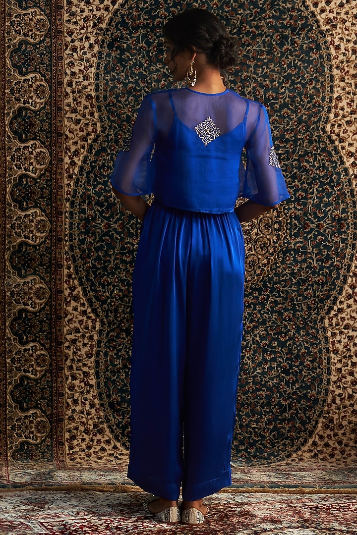 Blue Organza & Modal Satin Embroidered Co-Ord Set by Charkhee at Pernia's Pop Up Shop