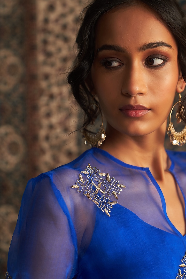 Blue Organza & Modal Satin Embroidered Co-Ord Set by Charkhee at Pernia's Pop Up Shop