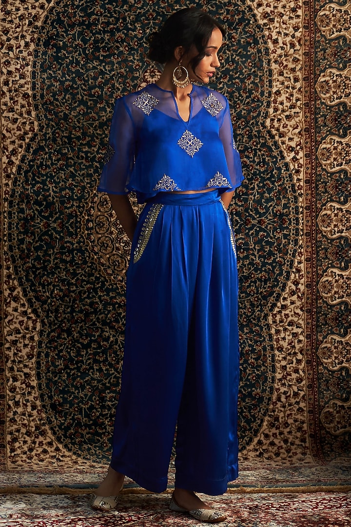 Blue Organza & Modal Satin Embroidered Co-Ord Set by Charkhee at Pernia's Pop Up Shop