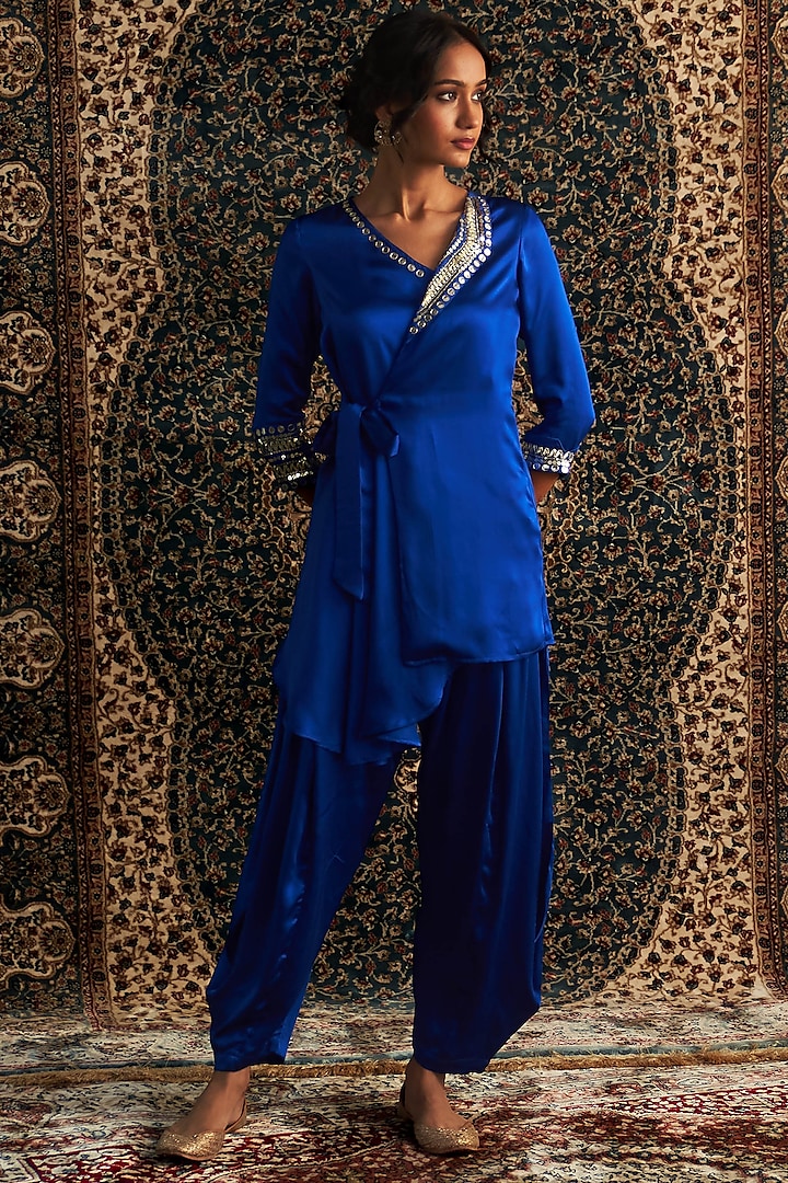 Blue Modal Satin Embroidered Wrap Kurta Set by Charkhee