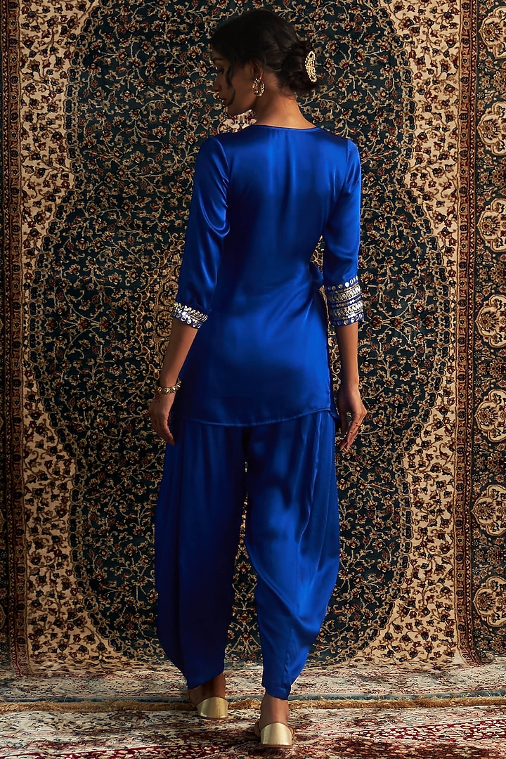 Blue Modal Satin Embroidered Wrap Kurta Set by Charkhee at Pernia's Pop Up Shop