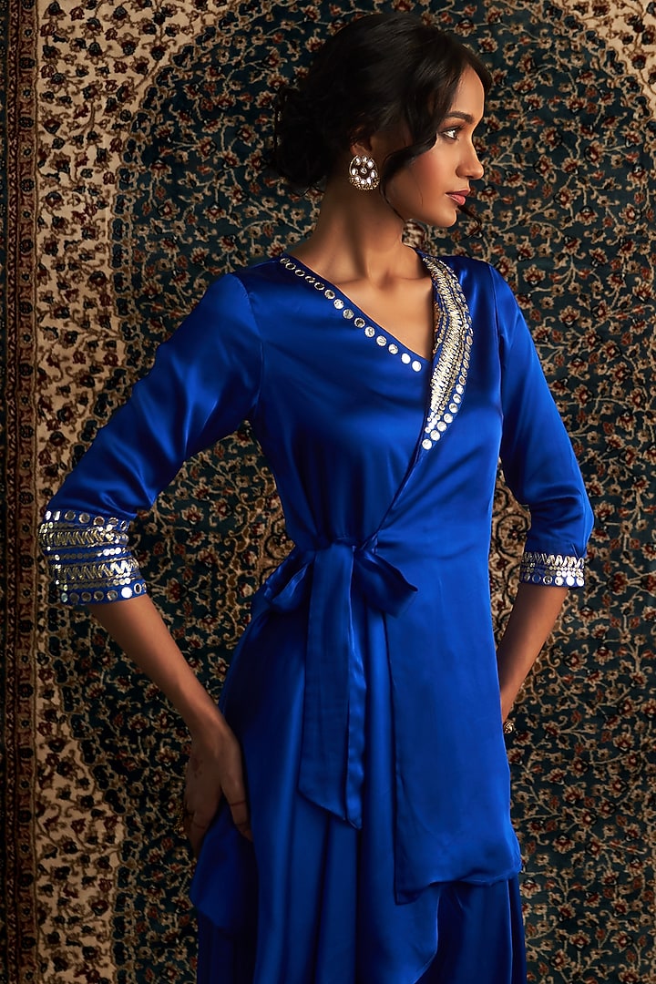 Blue Modal Satin Embroidered Wrap Kurta Set by Charkhee at Pernia's Pop Up Shop