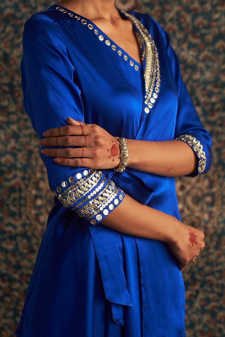 Blue Modal Satin Embroidered Wrap Kurta Set by Charkhee at Pernia's Pop Up Shop