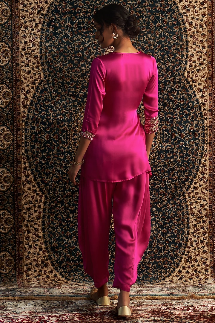 Rani Pink Modal Satin Embroidered Wrap Kurta Set by Charkhee at Pernia's Pop Up Shop
