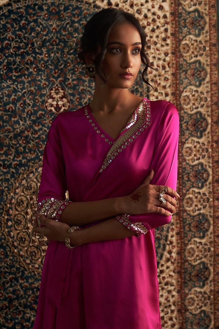 Rani Pink Modal Satin Embroidered Wrap Kurta Set by Charkhee at Pernia's Pop Up Shop
