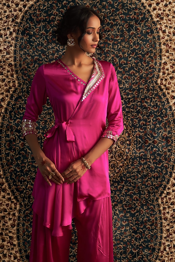 Rani Pink Modal Satin Embroidered Wrap Kurta Set by Charkhee at Pernia's Pop Up Shop