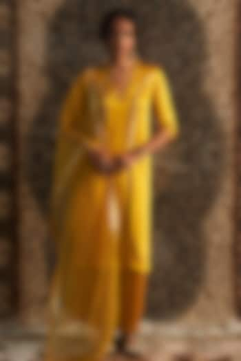 Marigold Yellow Modal Satin Embroidered Kurta Set by Charkhee