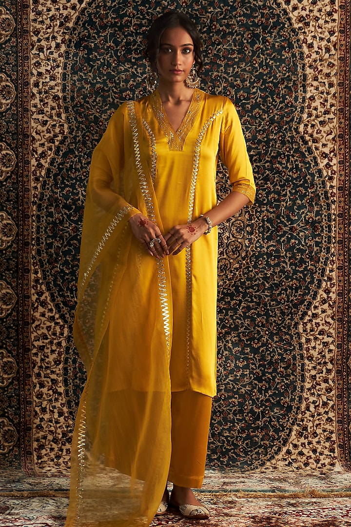 Marigold Yellow Modal Satin Embroidered Kurta Set by Charkhee