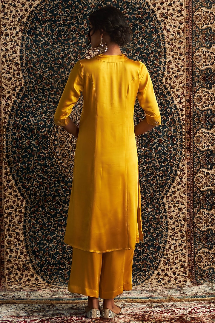 Marigold Yellow Modal Satin Embroidered Kurta Set by Charkhee at Pernia's Pop Up Shop