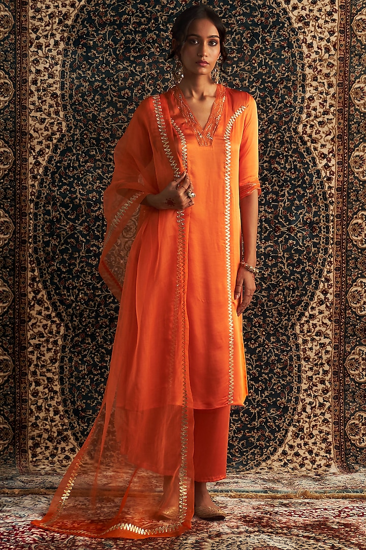 Saffron Modal Satin Embroidered Kurta Set by Charkhee at Pernia's Pop Up Shop