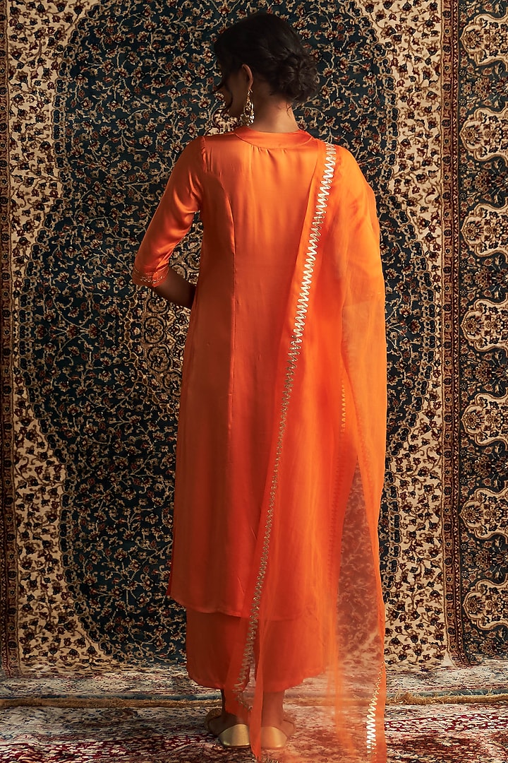 Saffron Modal Satin Embroidered Kurta Set by Charkhee at Pernia's Pop Up Shop