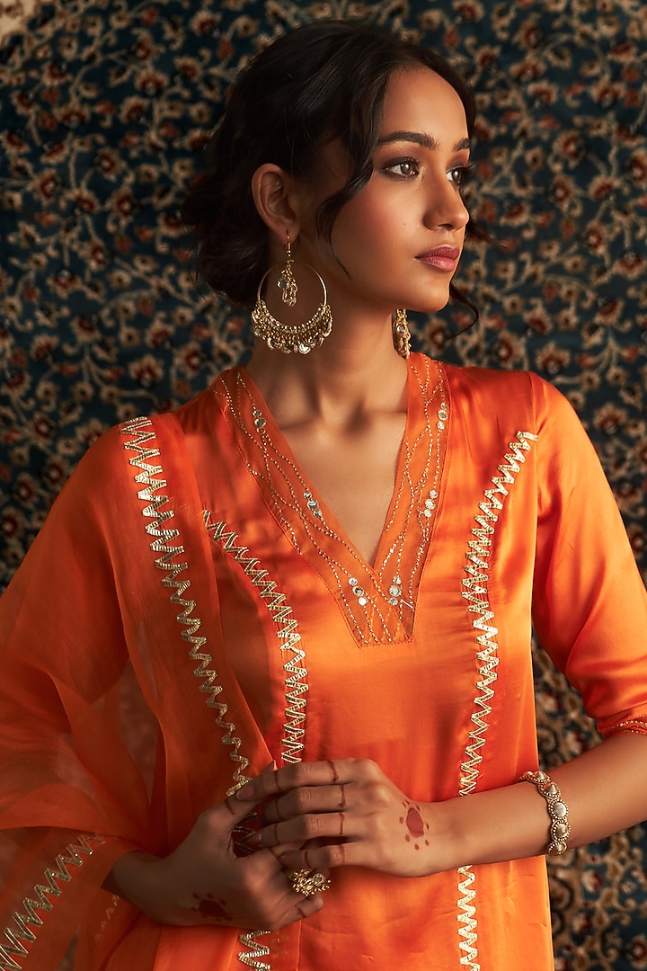 Saffron Modal Satin Embroidered Kurta Set by Charkhee at Pernia's Pop Up Shop