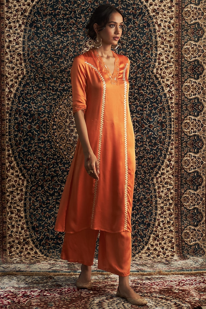 Saffron Modal Satin Embroidered Kurta Set by Charkhee at Pernia's Pop Up Shop