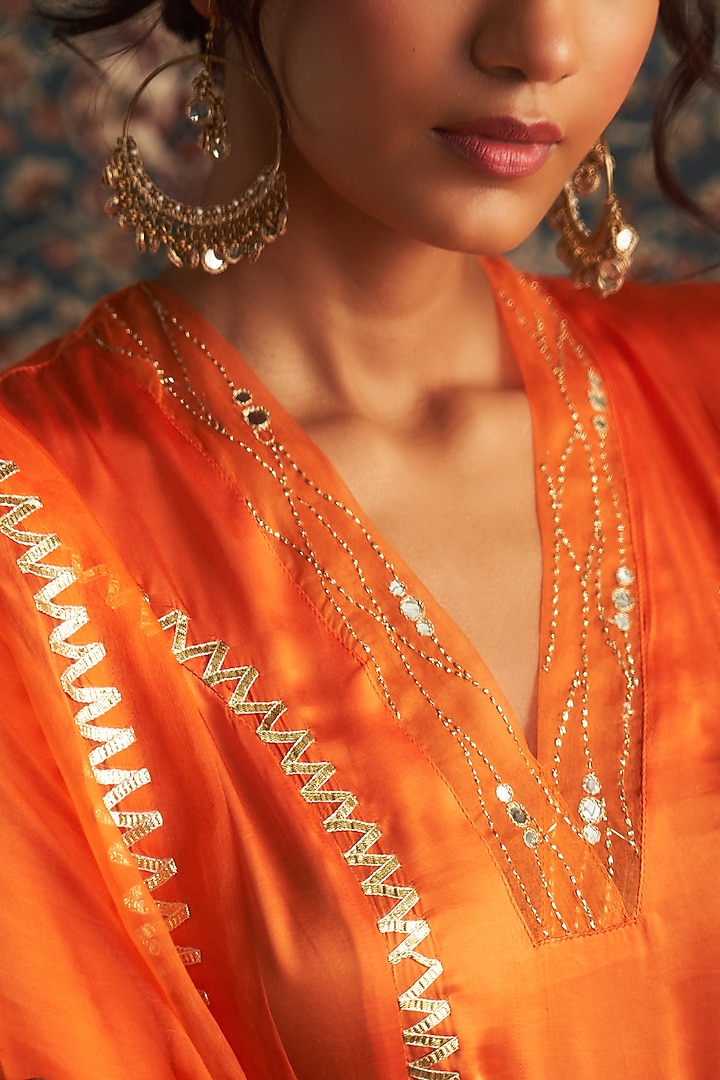 Saffron Modal Satin Embroidered Kurta Set by Charkhee at Pernia's Pop Up Shop