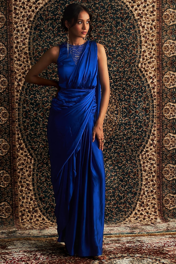 Blue Modal Satin Embroidered Draped Gown Saree by Charkhee