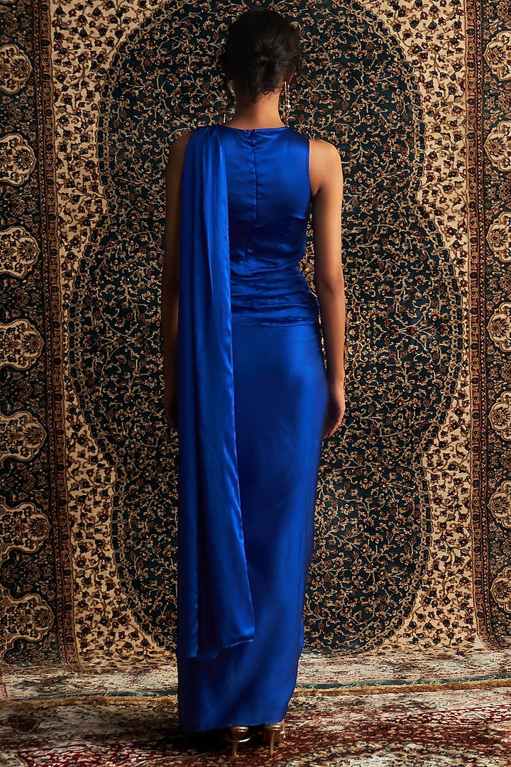Blue Modal Satin Embroidered Draped Party Wear Gown Saree by Charkhee at Pernia's Pop Up Shop