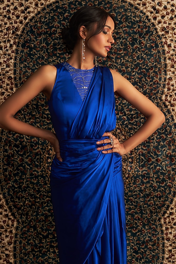 Blue Modal Satin Embroidered Draped Party Wear Gown Saree by Charkhee at Pernia's Pop Up Shop