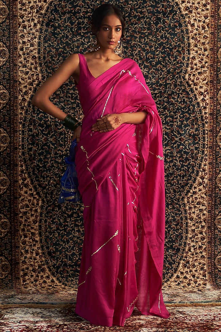 Rani Pink Chanderi Embroidered Saree Set by Charkhee at Pernia's Pop Up Shop