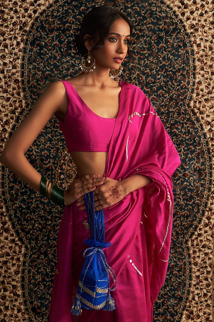 Rani Pink Chanderi Embroidered Party Wear Saree Set by Charkhee at Pernia's Pop Up Shop