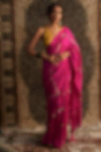 Rani Pink Chanderi Embroidered Saree Set by Charkhee at Pernia's Pop Up Shop