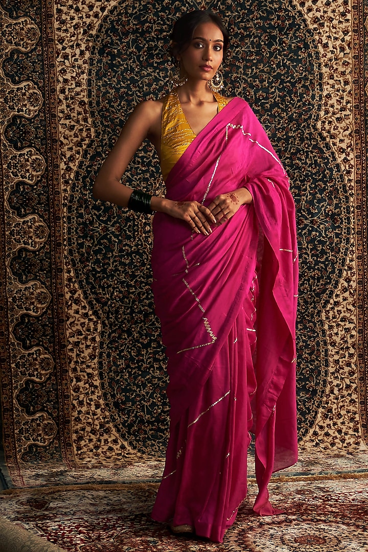 Rani Pink Chanderi Embroidered Saree Set by Charkhee at Pernia's Pop Up Shop