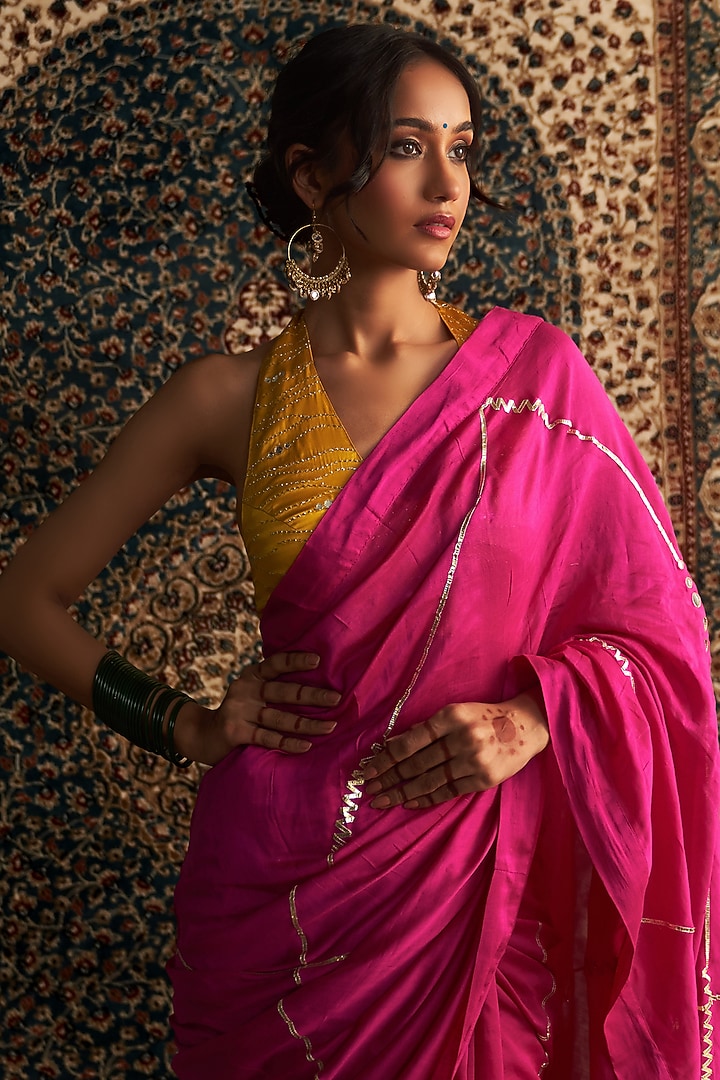 Rani Pink Chanderi Embroidered Party Wear Saree Set by Charkhee at Pernia's Pop Up Shop
