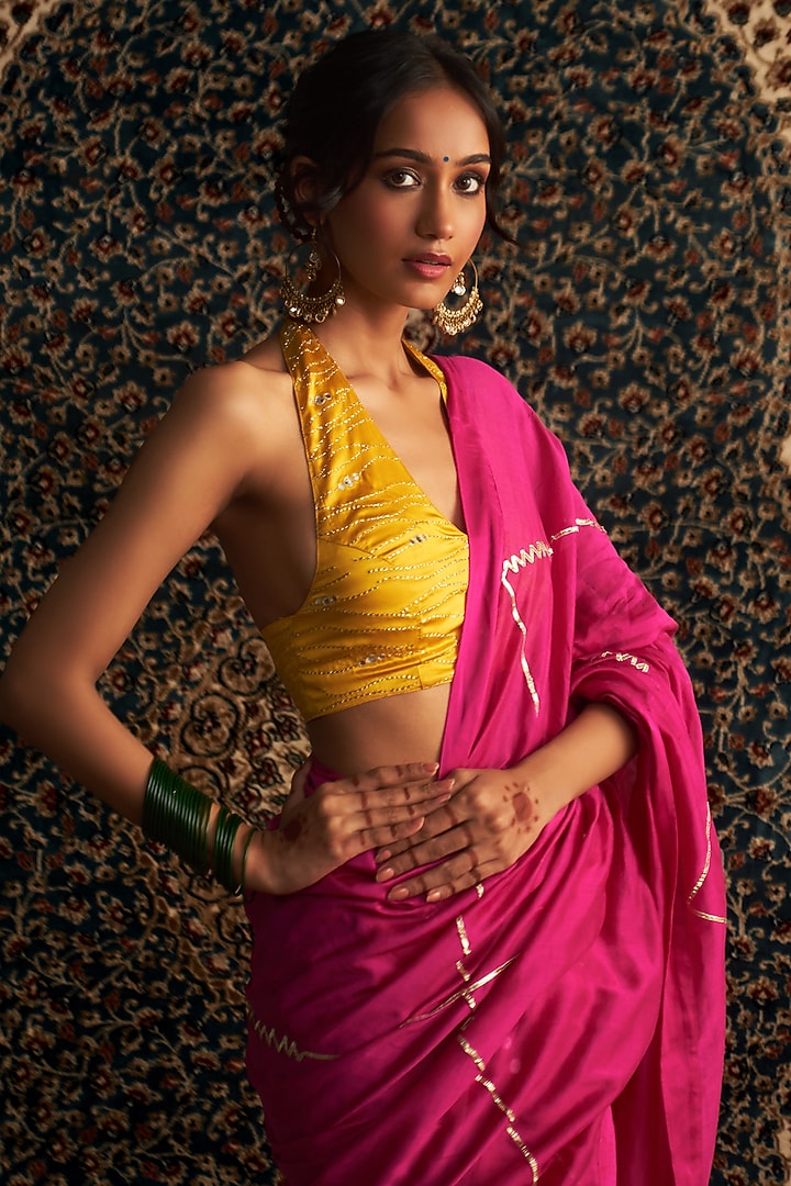 Rani Pink Chanderi Embroidered Party Wear Saree Set by Charkhee at Pernia's Pop Up Shop